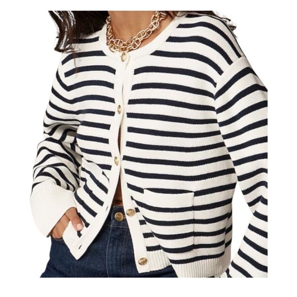 J. Crew Emilie Lady Cardigan Striped Navy and White Women's Sweater - Picture 1 of 6
